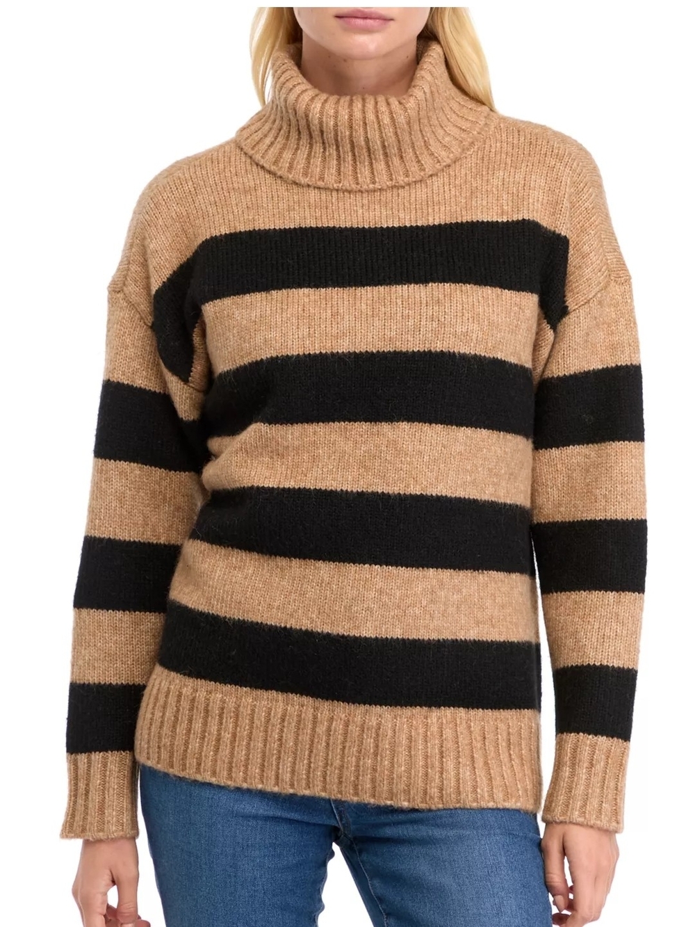 Striped Turtleneck Sweater in Camel & Black - Women's